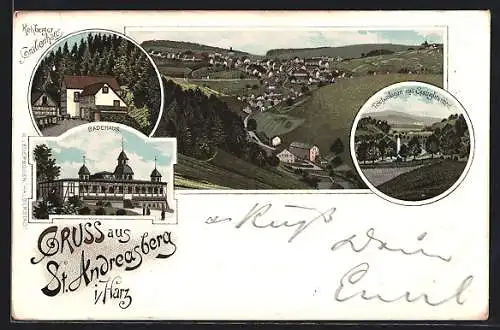 Lithographie St. Andreasberg /Harz, Rehberger Grabenhaus, Badehaus, Gesamtansicht mit Umgebung