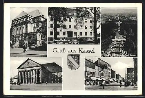 AK Kassel, Blick vom Herkules auf die Stadt und Jugendherberge Tannenwäldchen