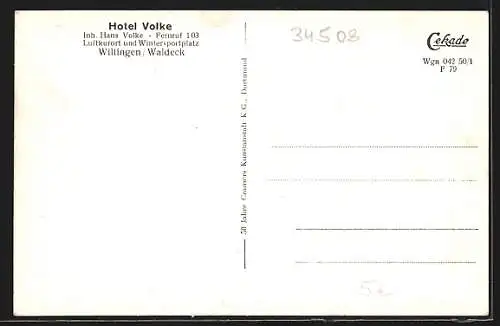 AK Willingen /Waldeck, Hotel Volke, Inh. Hans Volke, Blick vom Treis und Orenberg