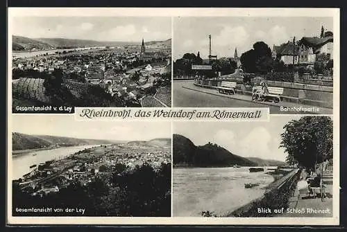 AK Rheinbrohl, Bahnhofspartie, Blick auf Schloss Rheineck, Blick von der Ley