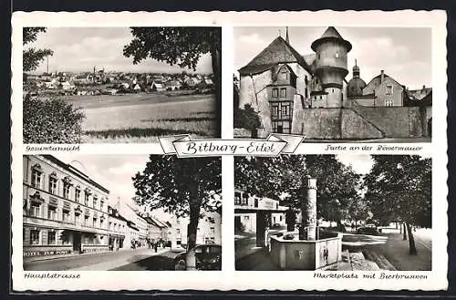 AK Bitburg (Eifel), Gesamtansicht, Partie an der Römermauer, Hauptstrasse, Marktplatz mit Bierbrunnen