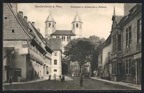 AK Gandersheim a. Harz, Marktplatz mit Stiftskirche und Rathaus