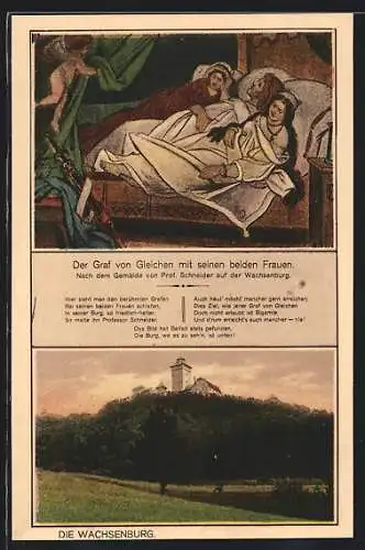 AK Wachsenburg, Blick von den Feldern auf die Burg, Gemälde Der Graf von Gleichen mit seinen beiden Frauen