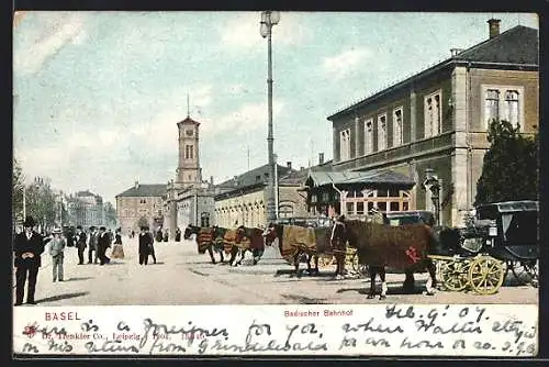 AK Basel, Badischer Bahnhof mit Kutschen