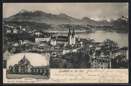 AK Luzern, Der Bahnhof, Ortsansicht und der Rigi