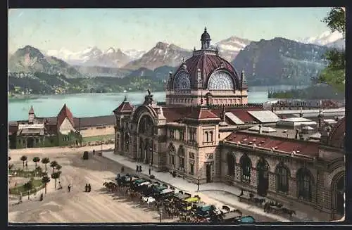 AK Luzern, Bahnhof und Blick auf die Alpen