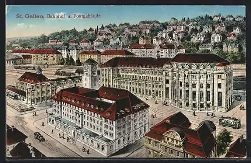 AK St. Gallen, Bahnhof und Postgebäude mit Strassenbahn