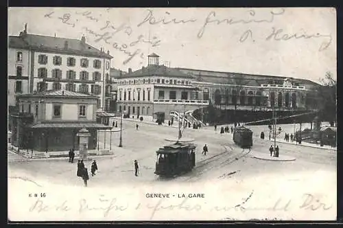 AK Genève, La Gare, Strassenbahn