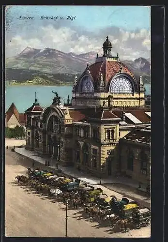 AK Luzern, Bahnhof und Rigi, Pferdekutschen