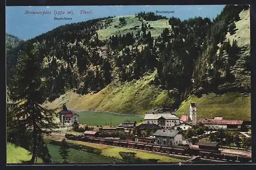 AK Brenner, Ortsansicht mit Bahnhof und Brennerpost