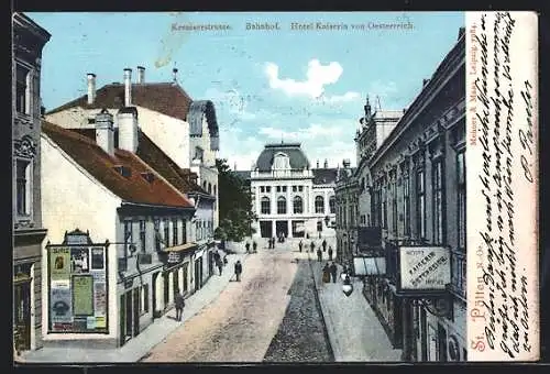 AK St. Pölten, Kremserstrasse mit Bahnhof und Hotel Kaiserin von Österreich