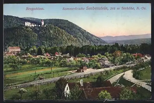 AK Seebenstein, Ortsansicht mit Bahnhof und Bergschloss