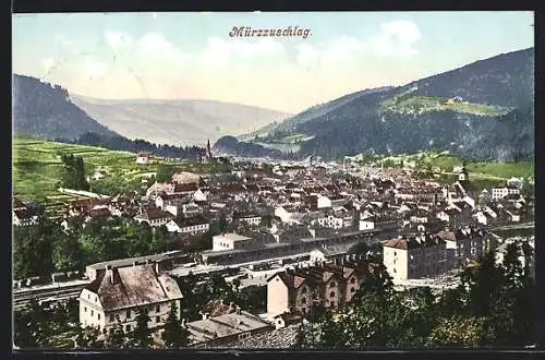 AK Mürzzuschlag, Ortsansicht mit Bahnhof aus der Vogelschau