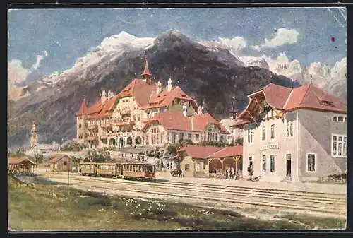 Künstler-AK Fulpmes, Stubai-Hotel Aussenansicht, Bahnhof Gleisseite mit Eisenbahn davor