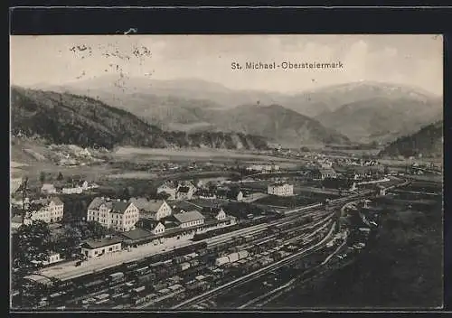 AK St. Michael /Obersteiermark, Bahnhof aus der Vogelschau