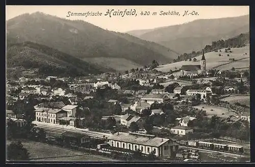 AK Hainfeld /N. Ö., Totalansicht mit Bahnhof und Blick in die Berge