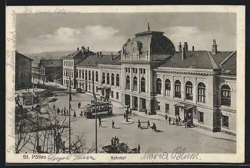 AK St. Pölten, Bahnhof mit Strassenbahn und Trafik aus der Vogelschau