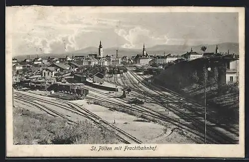 AK St. Pölten, St. Pölten mit Frachtbahnhof aus der Vogelschau