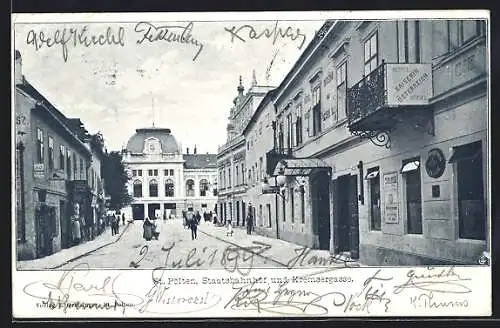 AK St. Pölten, Staatsbahnhof und Kremsergasse mit Hotel Kaiserin Österreich