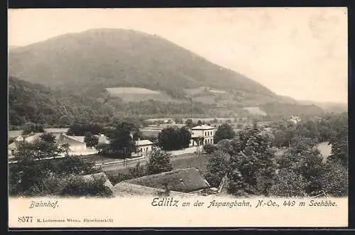 AK Edlitz an der Aspangbahn, Bahnhof mit Umgebung und Bergblick aus der Vogelschau