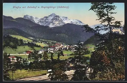 AK Werfen /Salzburg, Blick auf Bahnhof u. Hagengebirge