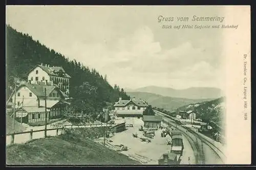 AK Semmering, Blick auf Hotel Stefanie und Bahnhof mit Bergen