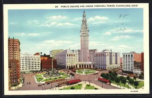 AK Cleveland, OH, Public Square and Union Terminal Tower, Strassenbahn