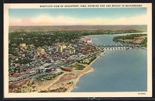 AK Davenport, IA, Bird`s Eye View, Showing Dam and Bridge in Background