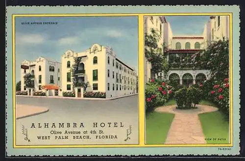 AK West Palm Beach, FL, Alhambra Hotel, Olive Avenue Entrance, View of Patio