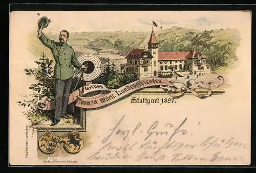 Lithographie Stuttgart, 16. Württ. Landesschiessen 1897, Festgelände, Schütze mit Zielscheibe, Wappen