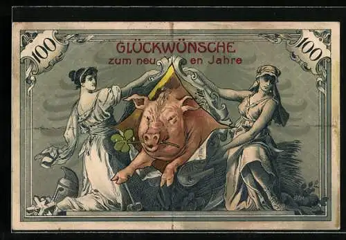 AK Geldschein mit Präsentation eines Glücksschweins