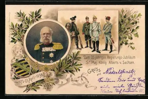 Lithographie Zum 25. jährigen Regierungs-Jubiläum von König Albert von Sachsen