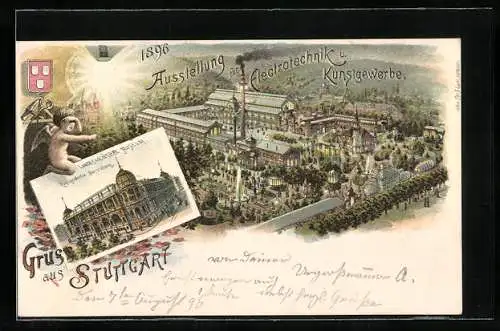 Lithographie Stuttgart, Ausstellung f. Elektrotechnik u. Kunstgewerbe 1896, Landesgewerbemuseum, Engel, Wappen