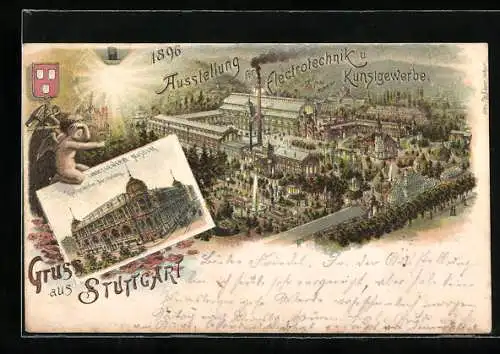 Lithographie Stuttgart, Ausstellung f. Elektrotechnik u. Kunstgewerbe 1896, Landesgewerbemuseum, Engel, Wappen