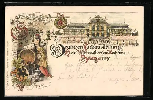 Lithographie Stuttgart, Deutsche Fach-Ausstellung für Hotel- und Wirtschaftswesen 1897, Ausstellungsgebäude, Wappen