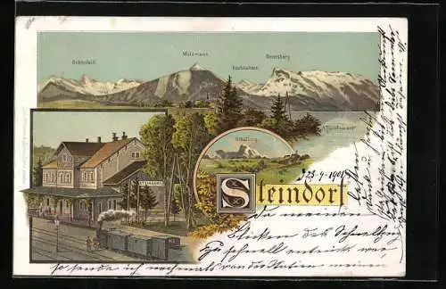 Lithographie Strasswalchen, Steindorf, Bahnhof mit Eisenbahn, Totalansicht mit Berglandschaft