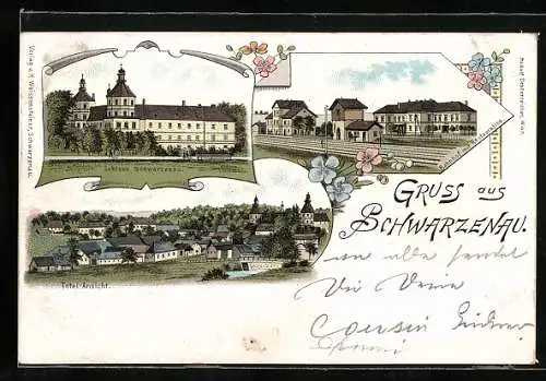 Lithographie Schwarzenau, Schloss Schwarzenau, Totalansicht, Bahnhof mit Restauration