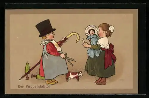 Künstler-AK Fritz Baumgarten: Puppe hat ihren Arm verloren, Puppendoktor kommt zur Rettung