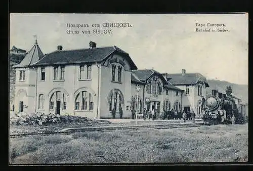 AK Sistov, Bahnhof mit eingefahrenem Zug