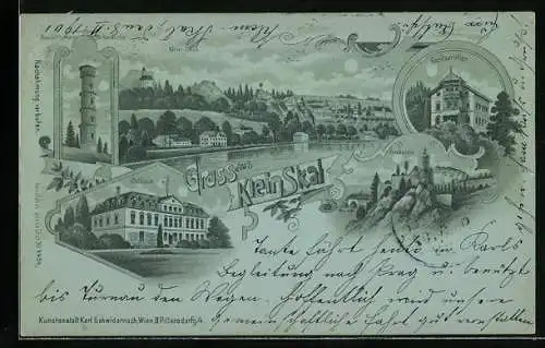 Mondschein-Lithographie Klein Skal, Restaurant, Schloss, Friedstein, Aussichtsturm a. d. Konanina