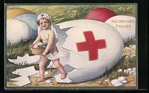 Künstler-AK Heureuses Paques, Kleine Rot-Kreuz Schwester schlüpft aus einem Osterei