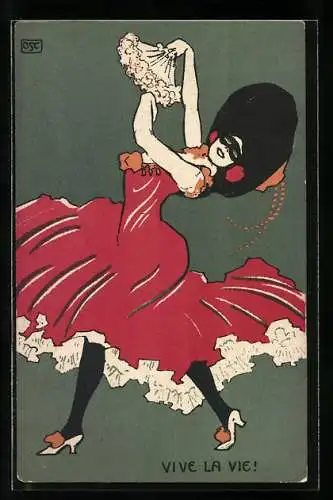 Künstler-AK A. Ost: Vive La Vie! tanzende Frau mit Maske und Fächer, Art Deco