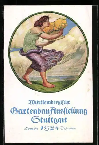 Künstler-AK Stuttgart, Württembergische Gartenbau-Ausstellung 1924, Frau mit Blumenkorb
