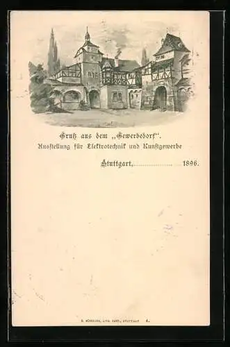 Lithographie Stuttgart, Ausstellung für Elektrotechnik und Kunstgewerbe 1896, Gewerbedorf