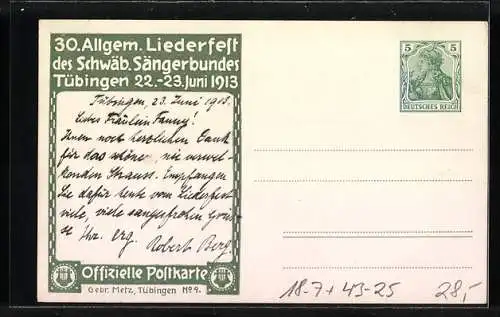 Künstler-AK Tübingen, 30. Allgemeines Liederfest des Schwäbischen Sängerbundes 1913, Komponist Silcher, Ganzsache