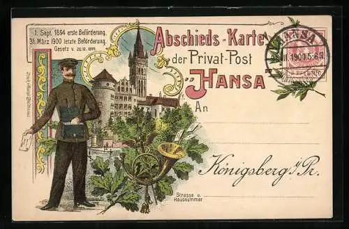 Lithographie Königsberg i. Pr., Abschieds-Karte der Privat-Post Hansa, Briefträger