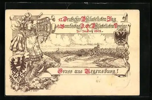 Lithographie Regensburg, 17. Deutscher Philatelisten-Tag 21.-24.07.1905, Panorama, Ganzsache Bayern 3 Pfennig