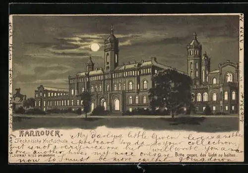 Mondschein-Lithographie Hannover, Technische Hochschule, Halt gegen das Licht: beleuchtete Fenster