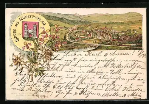 Vorläufer-Lithographie Mürzzuschlag, 1894, Panoramablick auf Ort und Umgebung, Wappen, Edelweiss