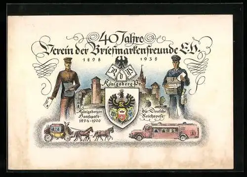 Künstler-AK Ganzsache PP122C102: Königsberg, 40 Jahre Verein der Briefmarkenfreunde 1938, Ganzsache 3 Pfennig